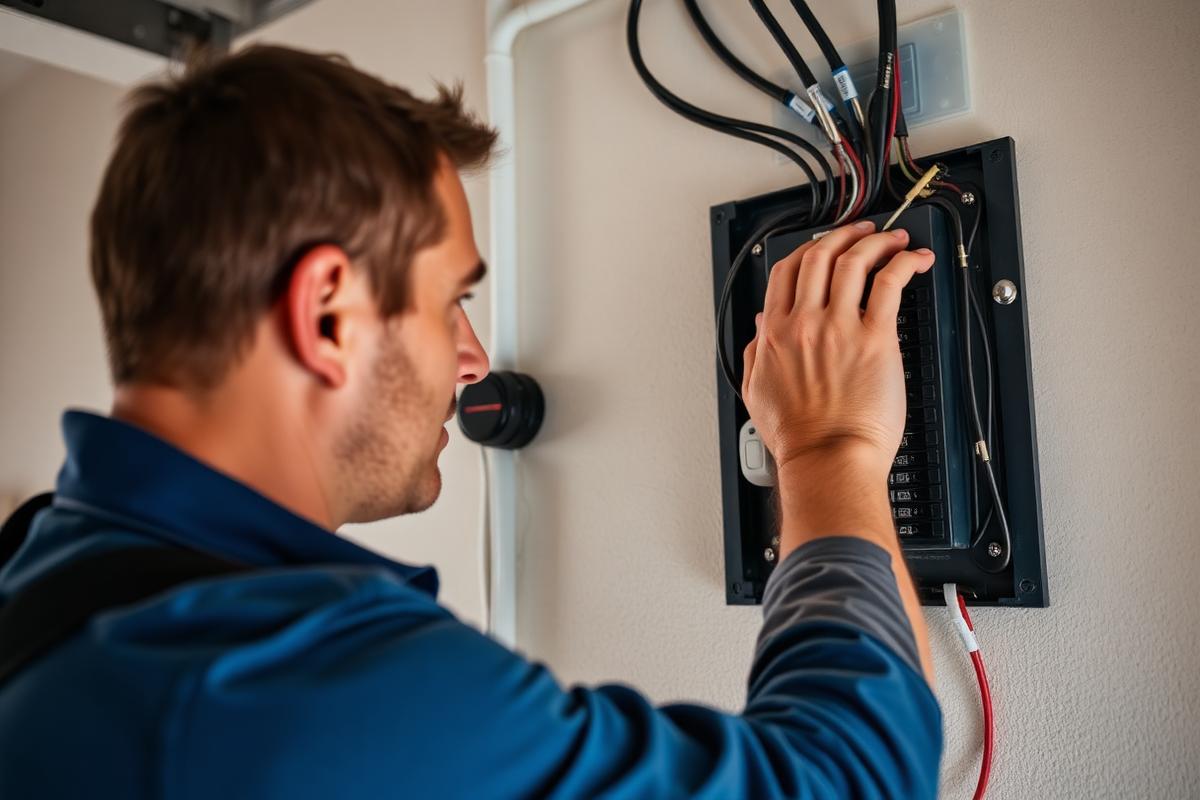 Electrician installing a new residential electrical panel in Fresno