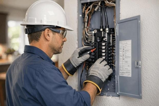 Electrician inspecting wiring before electrical sub panel installation in Central Valley.