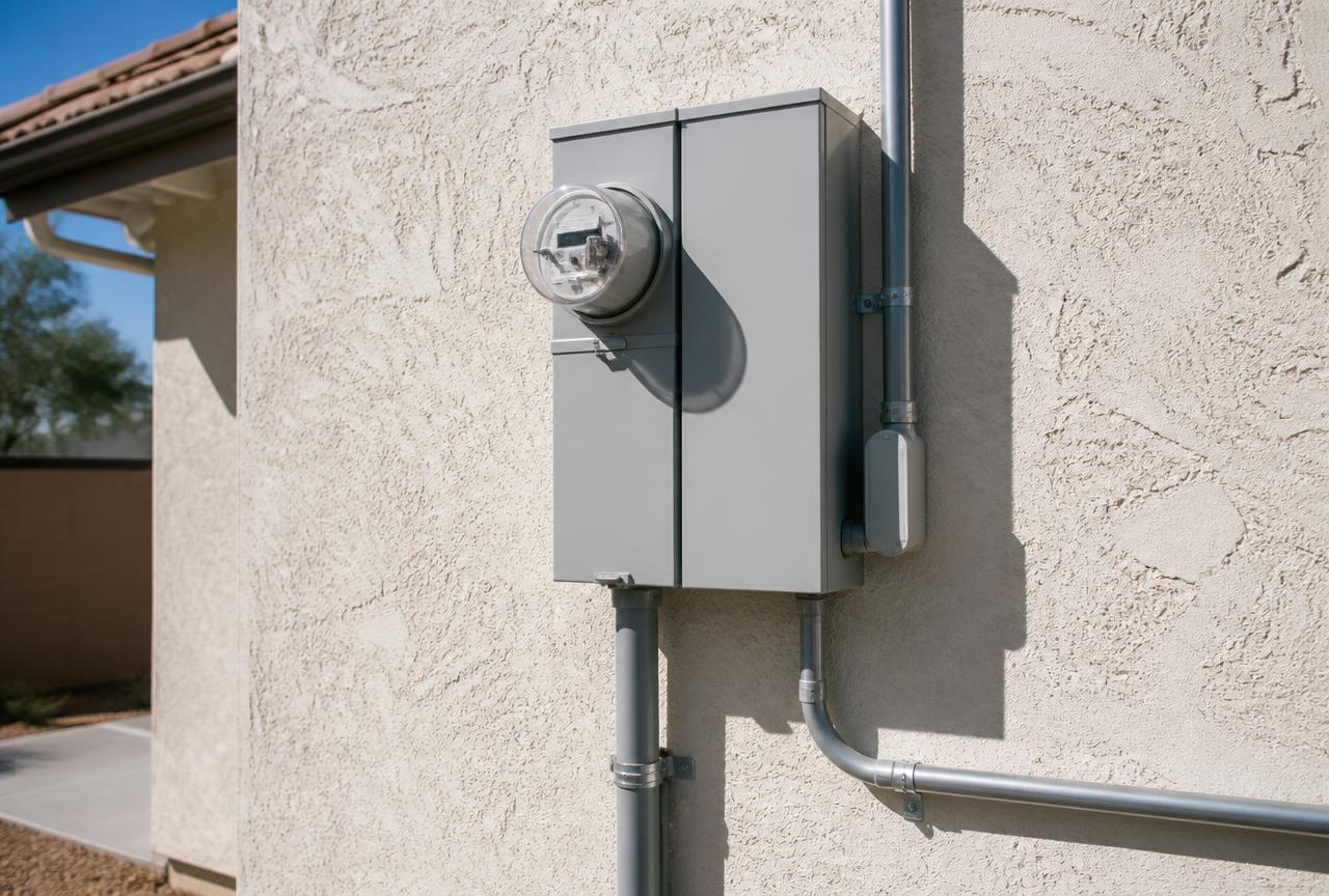 Newly installed exterior electrical service panel and meter on a Fresno home