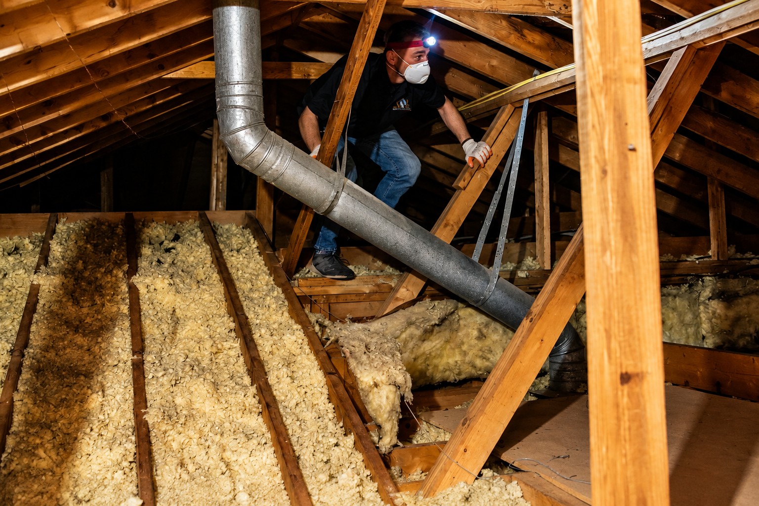 Professional technician inspecting attic space and ventilation before whole house fan installation in Central Valley.