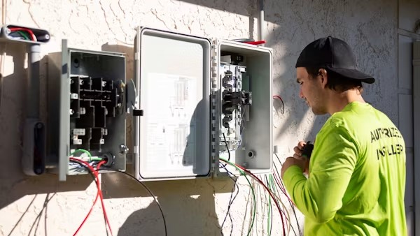 Electrician inspecting an upgraded electrical panel in a Central Valley home