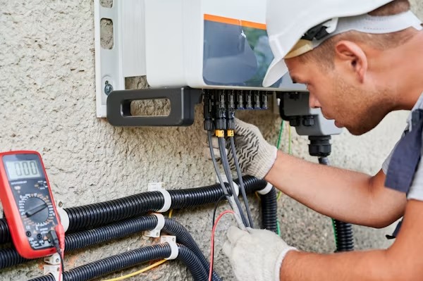 Licensed electrician installing a new main electrical panel