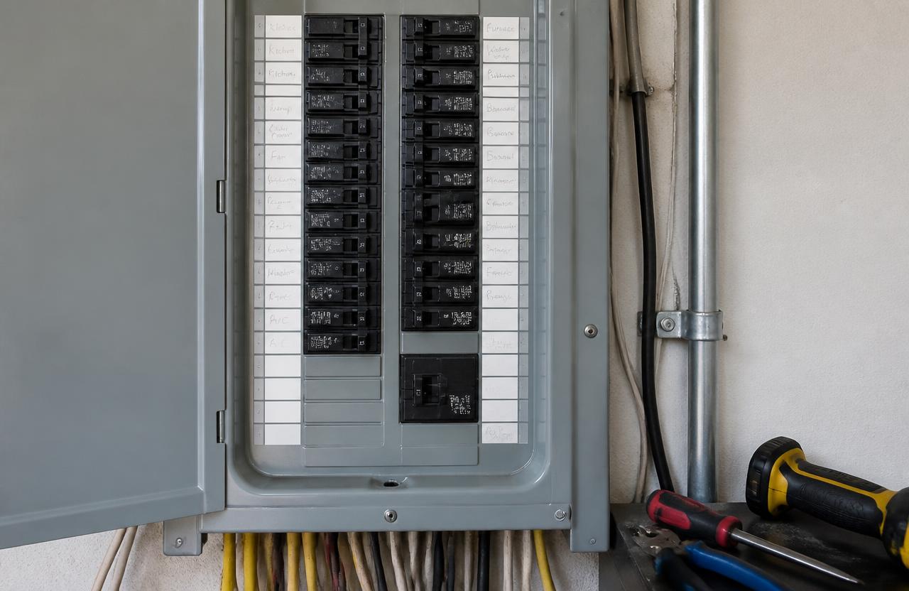 Open residential electrical panel with labeled breakers and a new 50-amp double-pole breaker for an EV charger circuit