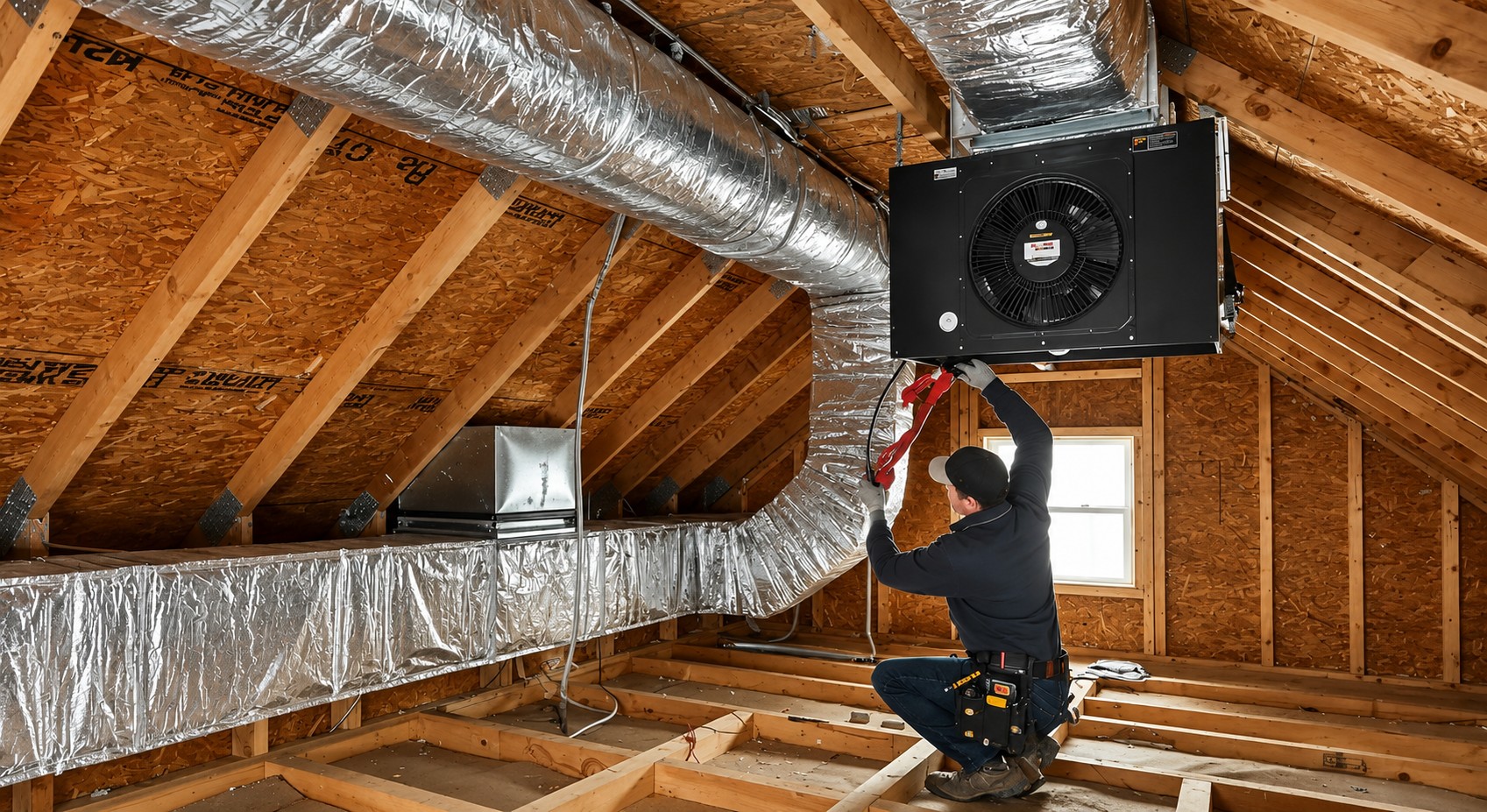 Professional technician installing a whole house fan in an attic as part of whole house fan installation services in Central Valley.