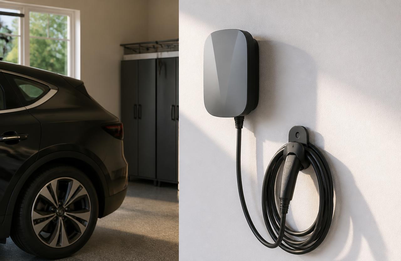 Wall-mounted Level 2 EV charger installed in a residential garage with the charging cable coiled beside an electric vehicle