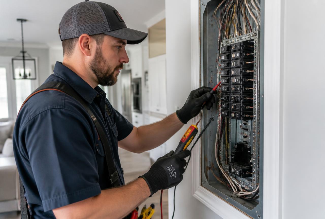Licensed electrician testing residential branch circuits at an open electrical panel during a rewiring assessment