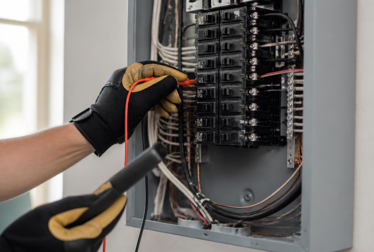Electrician testing circuits with a multimeter inside an open residential breaker panel