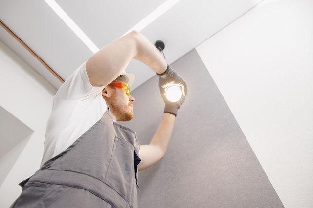 Home electrician in Central Valley installing a residential outlet and electrical fixture.