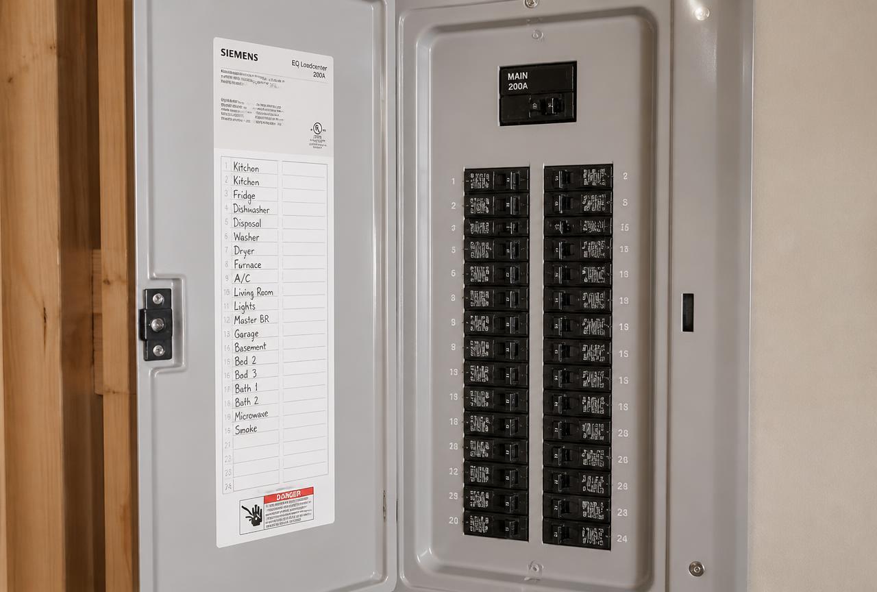 Open 200-amp residential electrical panel with neatly organized and labeled circuit breakers in a Fresno home