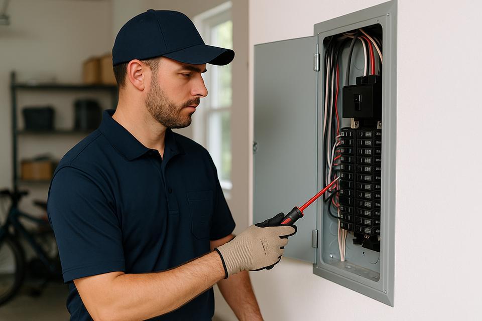 Electrician inspecting a circuit breaker panel for circuit breaker replacement in Central Valley