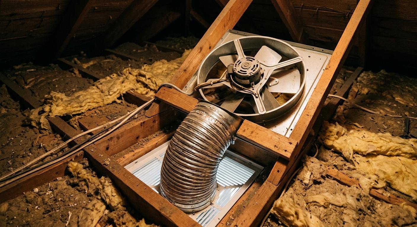 Existing whole house fan and ductwork installed in an attic for whole house fan repair in Central Valley.