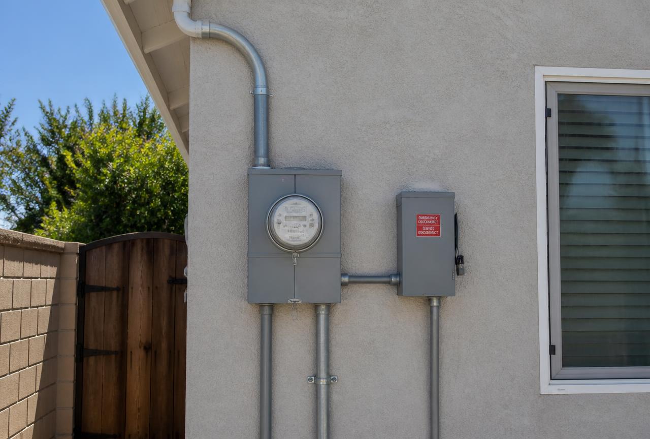 Exterior meter base, service conductors and weatherproof main disconnect on a Central Valley home