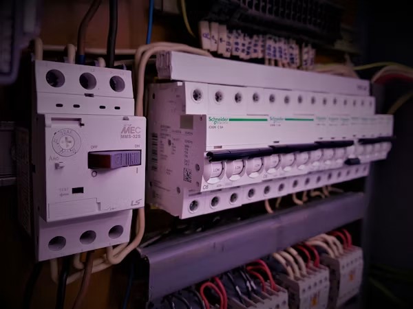 Close-up of a modern circuit breaker panel showing organized breaker switches