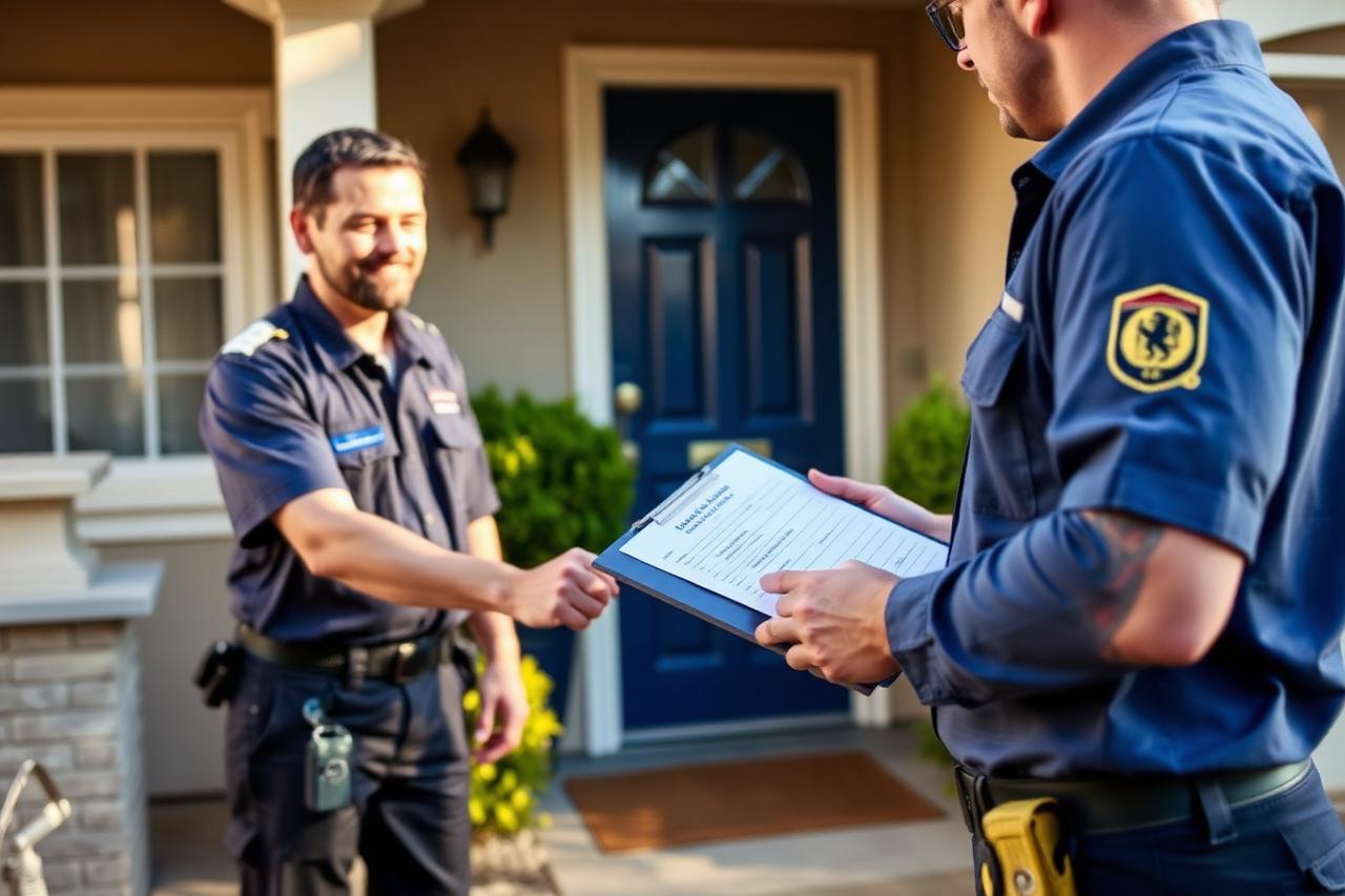 Licensed Fresno electrician handing a written estimate on a clipboard to a homeowner at the front door