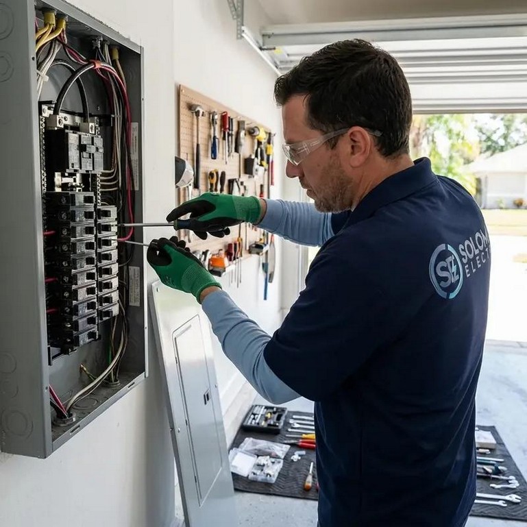 Electrician installing a residential sub panel for sub panel installation in Central Valley.