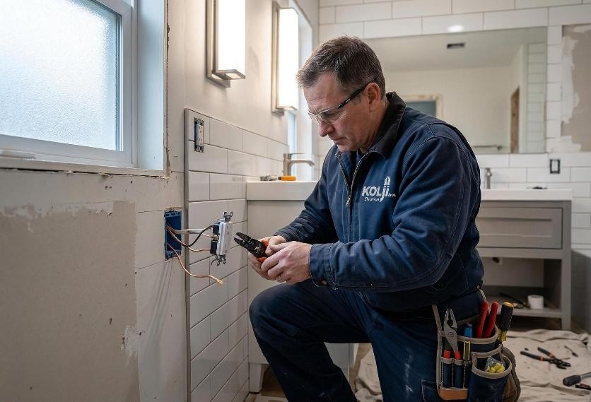 Electrician performing electrical outlet repair in Central Valley on a GFCI receptacle near a residential sink.