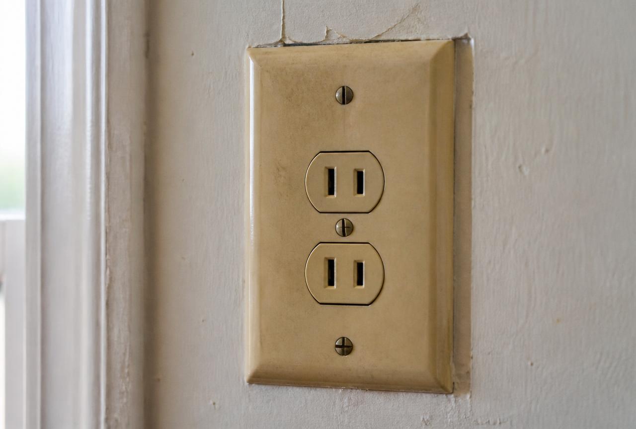 Aging two-prong ungrounded wall outlet with discolored cover plate in an older Fresno home