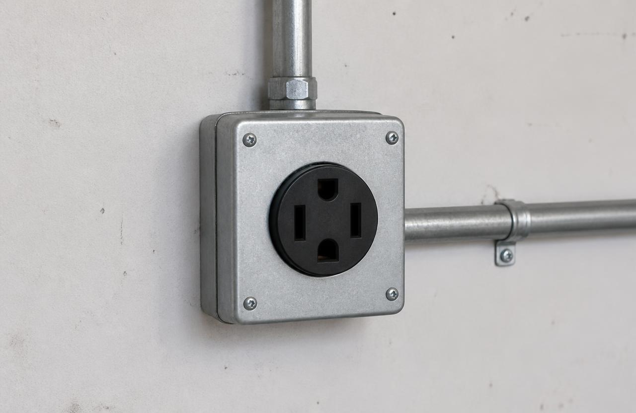 NEMA 14-50 240-volt outlet installed in a metal box with conduit on a garage wall for a plug-in EV charger