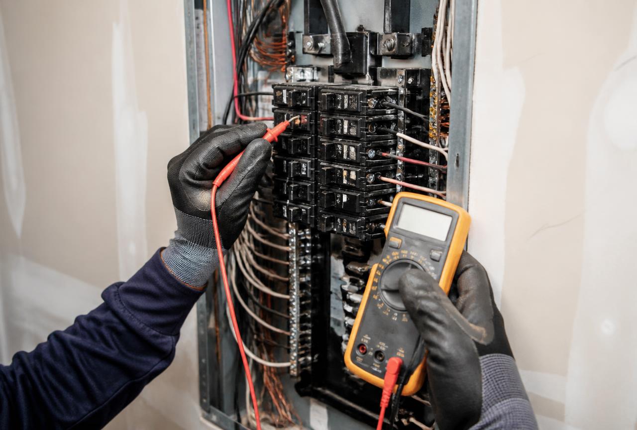 Electrician testing breaker connections inside a residential service panel with a multimeter