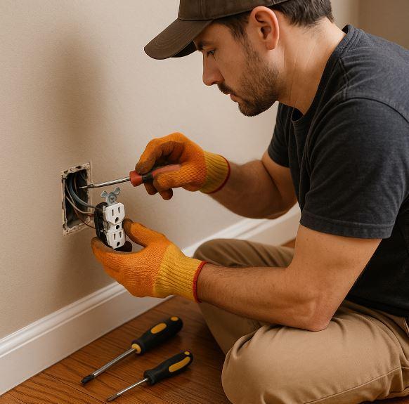 Electrician performing electrical wiring contractor in Central Valley work during a residential outlet and switch installation.